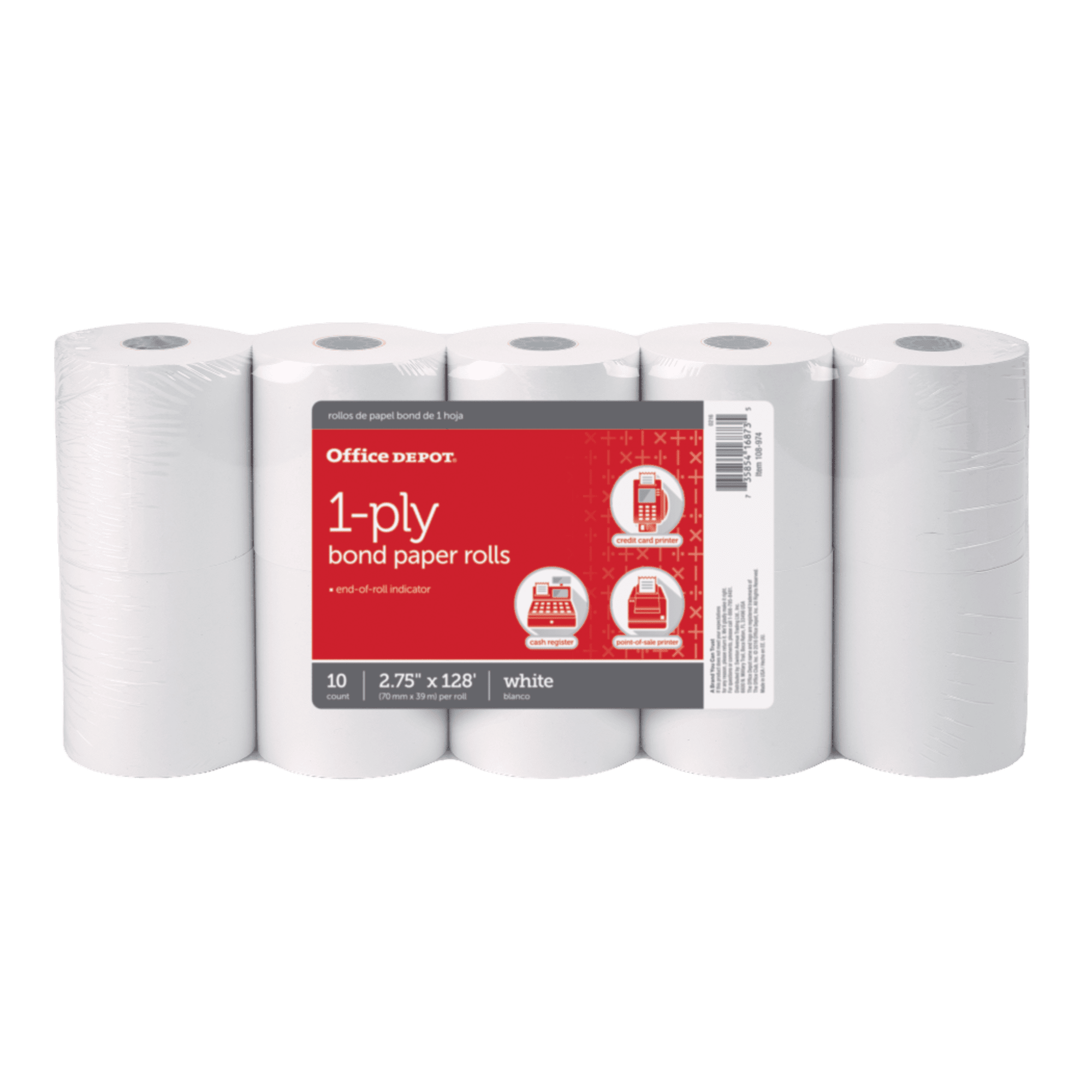 Office Depot 1-Ply Paper Rolls, 2 3/4in. x 128ft., White, Pack Of 10,  108974 