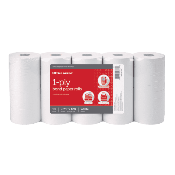 Office Depot 1-Ply Paper Rolls, 2 3/4in. x 128ft., White, Pack Of 10, 108974