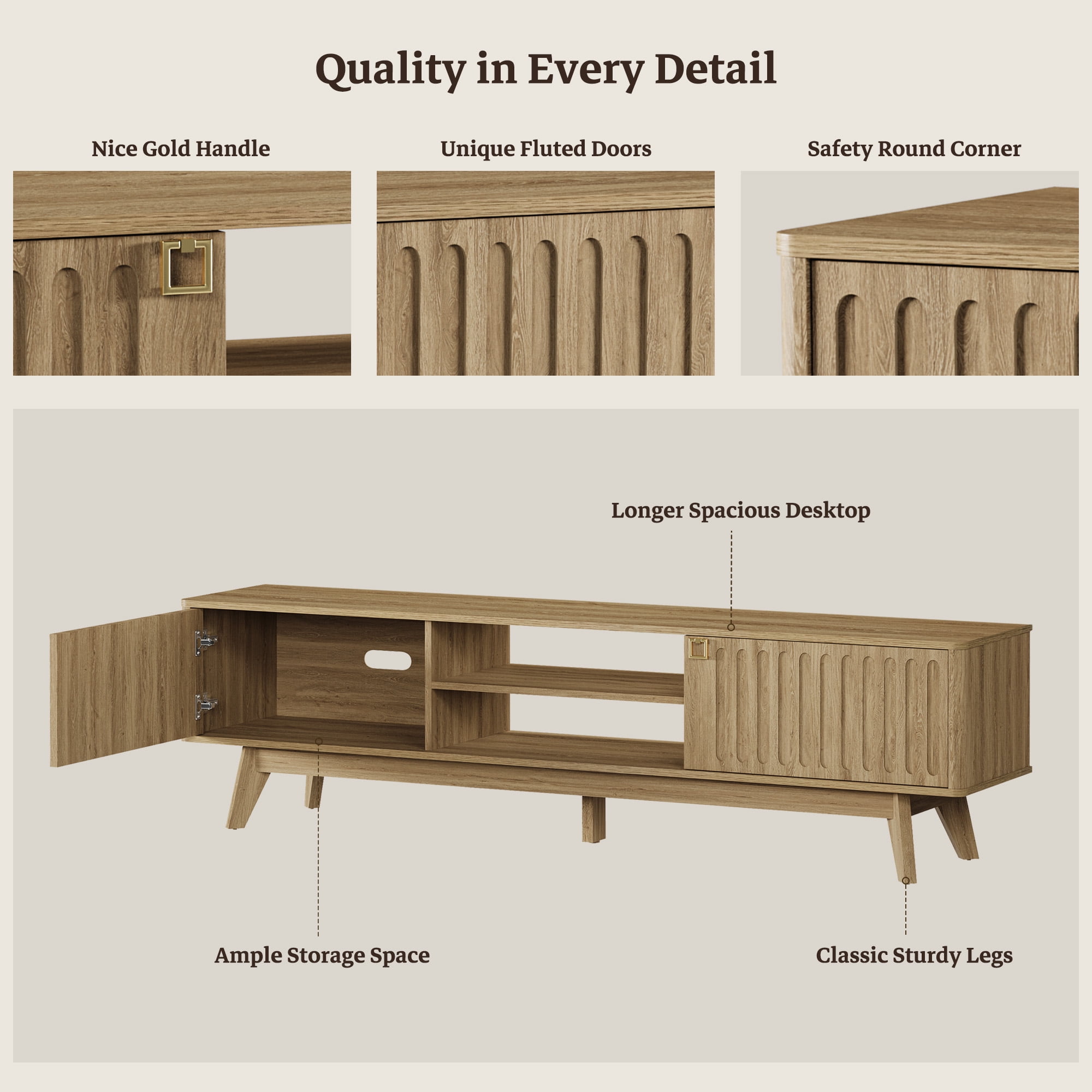 SICOTAS 70.1 inch Long Modern TV Stand Set of 2, Minimalist Console Table with 2 Fluted Doors, 3-Tier Storage Shelves, Long Entertainment Center for Living Room, Brown Oak