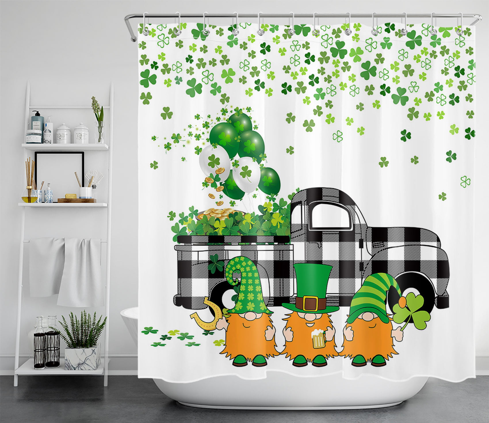 St Patrick's Day Clover Ladybug Horseshoe Waterproof Fabric Shower Curtain Set 