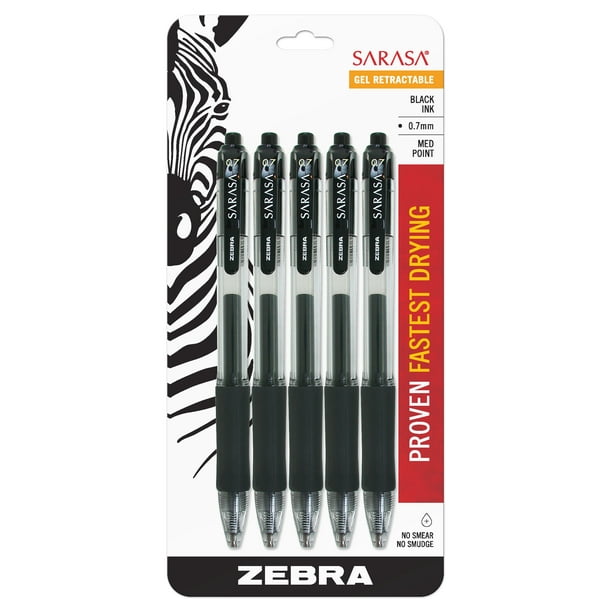 Zebra Sarasa Retractable Gel Ink Pens, Medium Point 0.7mm, Black Rapid Dry Ink, 5Count
