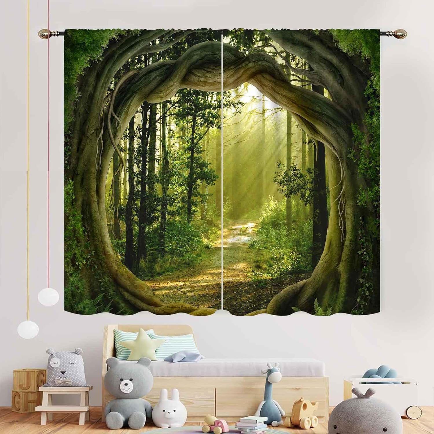 Jungle Curtains, Forest Green Nature Tropical Rainforest Landscape Scenery Lime Green Woodland Trees Window Drapes for Bedroom Living Room Home Decor 2 Panels Set,52"x63" Inch