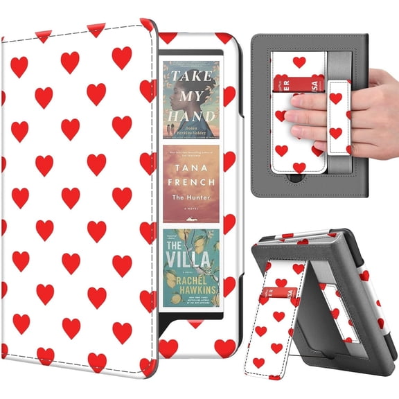 TNP Stand Case for Kindle Paperwhite 12th Generation 2024 / Kindle Colorsoft Signature Edition with Hand Strap & Card Slot - 7" PU Leather Protective Folio Cover with Auto Wake/Sleep, Red Love Heart