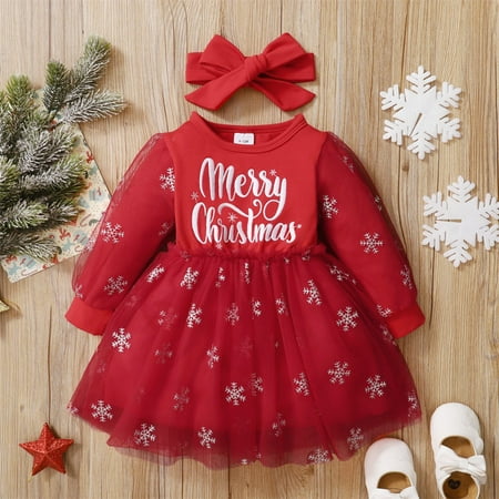 

3M-3T Toddler Baby Girls Christmas Party Dress Long Sleeve Snowflake Prints Princess Tutu Long Dresses + Headband
