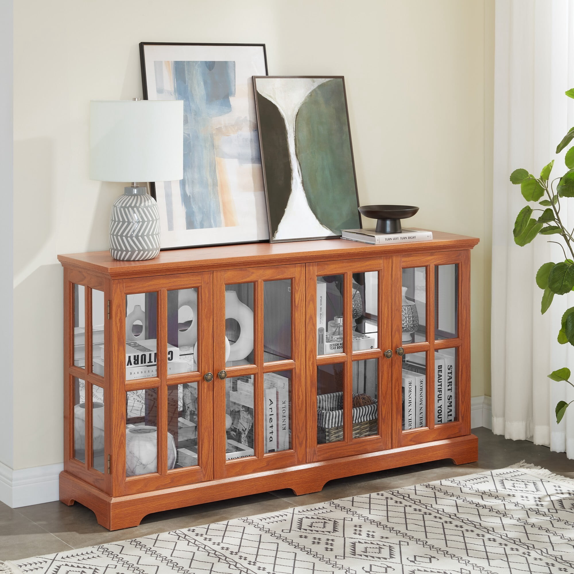 AENKYO Retro LED Glass Display Cabinet with Adjustable Shelves, Vintage Style Curio Showcase for Home, Dark Oak