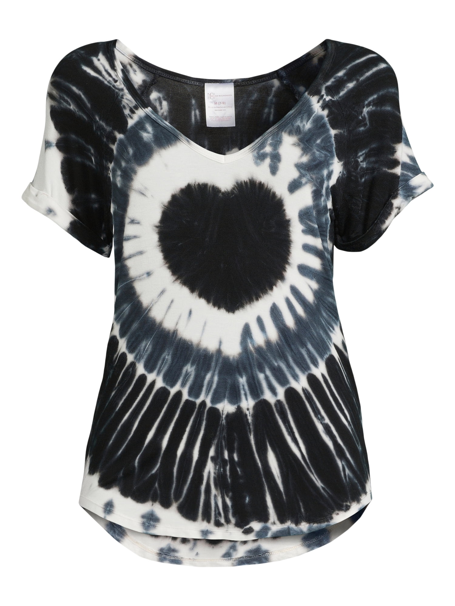 No Boundaries T-Shirt, Tie-Dye, 95% Rayon, 5% Spandex, Black Heart, (Female)