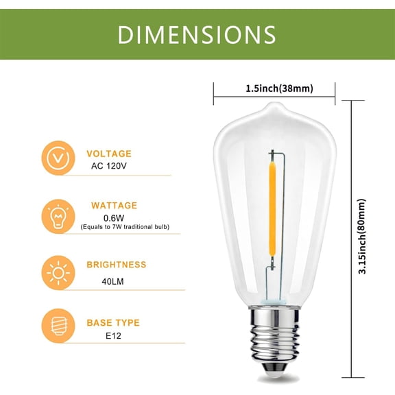 YNTVV-25 Pack ST38 Replacement LED Light Bulbs, 0.6W Equivalent to 7W, 40LM, Plastic, Warm White 2700K, Shatterproof Outdoor String Lights, E12 Base Vinatge LED Edison Bulbs for Patio, Non-Dimmable