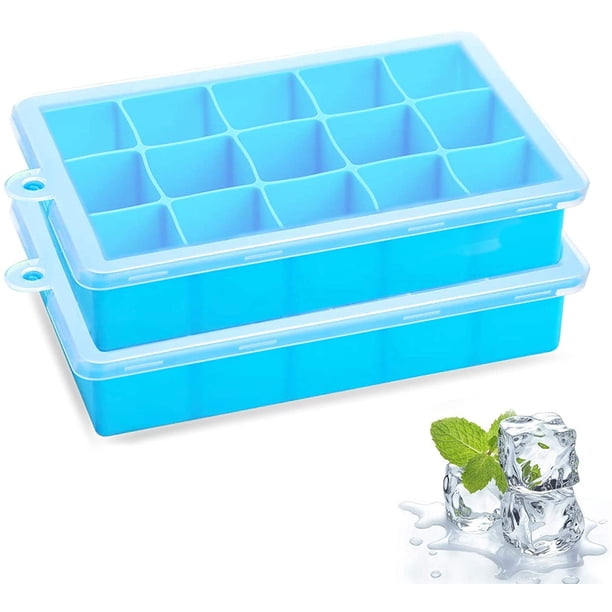 Bandejas para cubitos de hielo con tapa transparente, juego de 2, molde para cubitos de hielo, 15 cuadrados, moldes para cubitos de hielo para congelador, comida para bebés, agua, whisky, cócteles y