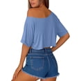 thumbnail image 2 of AKOEE Crop Tops for Women Loose Casual Off Shoulder Wide Boatneck Short Sleeve Summer Cute Tee Shirts (L, Blue), 2 of 7