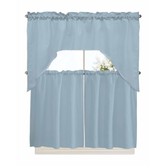 Sky Blue Swag Valance and Tier Curtains 36'' Length Set, Modern Pure Winter Sky Blue Light Filtering Kitchen Curtains, Tier Curtain Valances for Bathroom/Living Room/Bedroom/Café