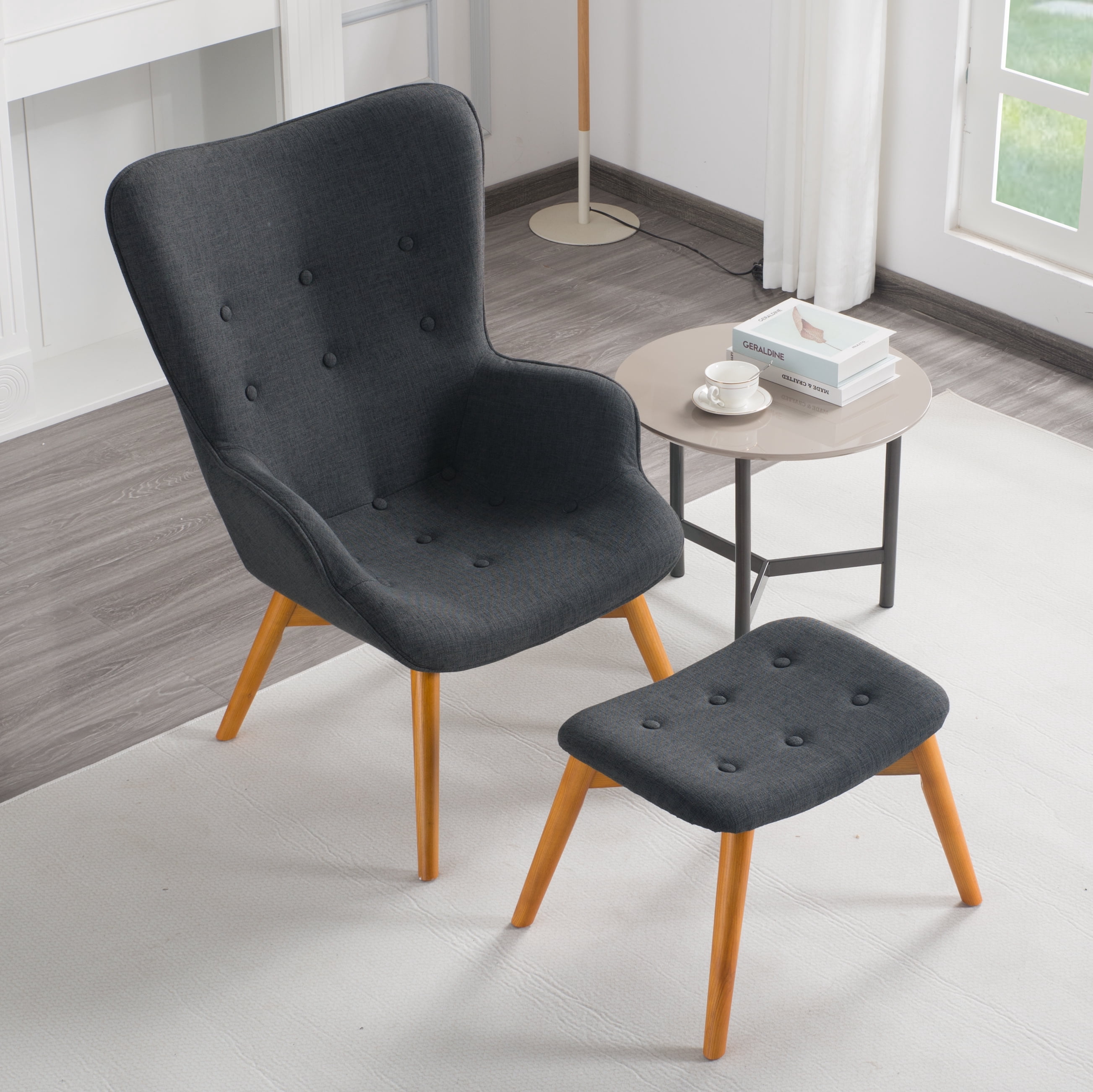 Gewnee 26.18”Comfy Accent Chair with Ottoman,Modern Reading Armchair - Solid Wood Frame,Lounge Chairt for Living Room,Bedroom,Home,Office.Gray