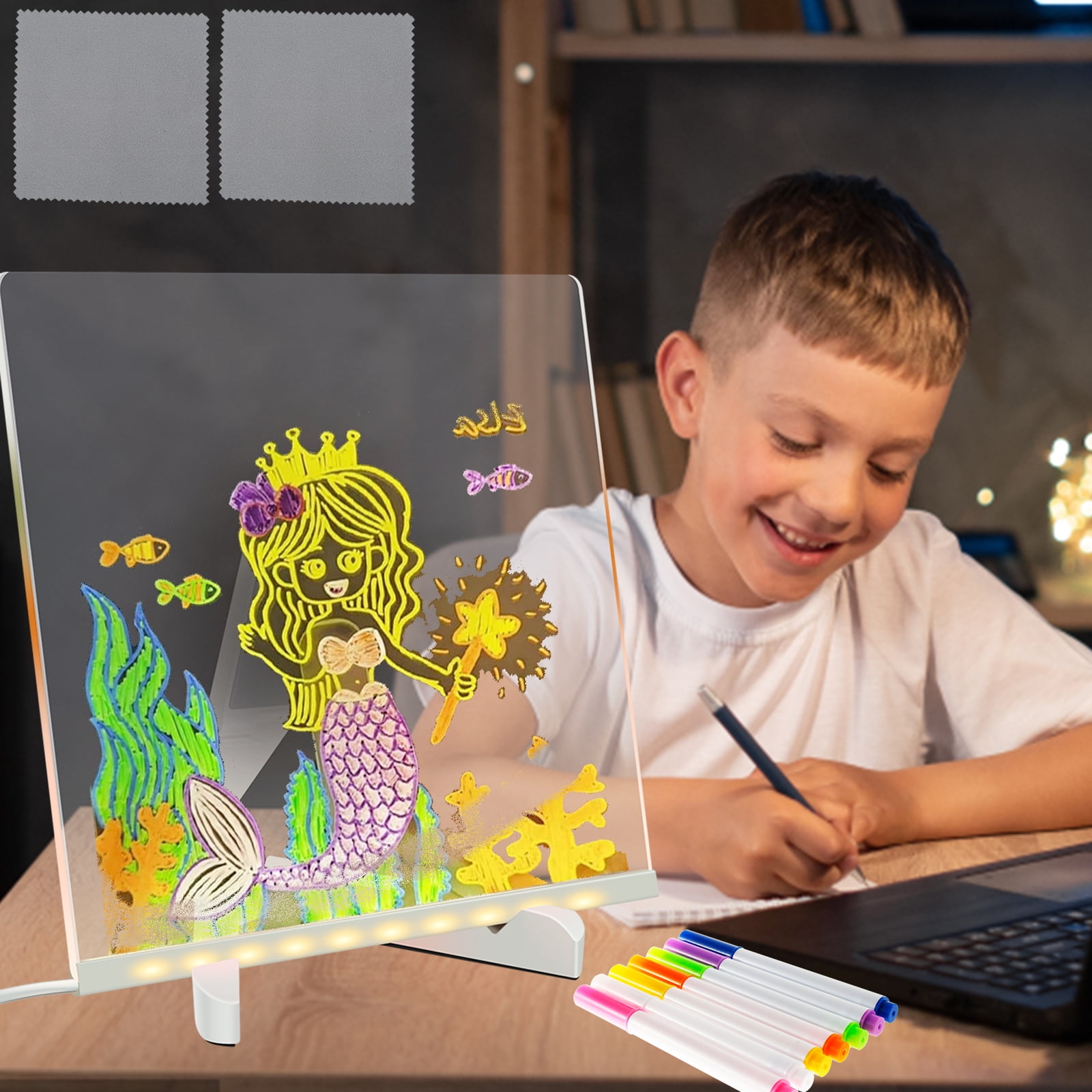 LED Light-Up Acrylic Memo Board With 7 Color Pens - 15cm Drawing Pad & Night Light For Desk, Home, Office-648824