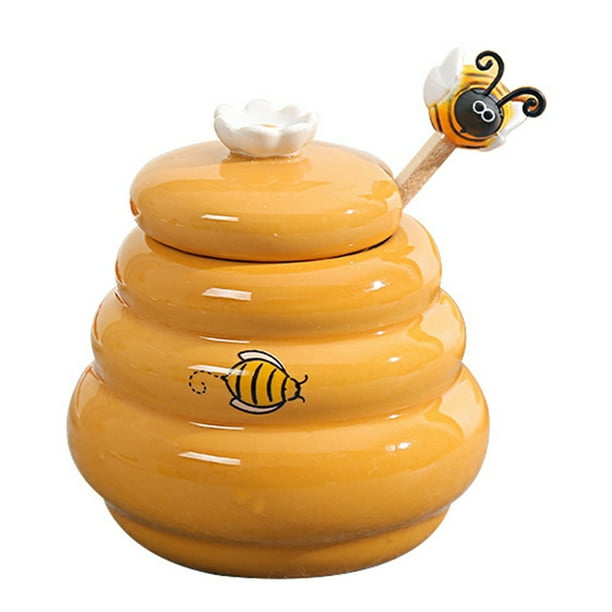 Ceramic Beehive Honey Pot and Wooden Dipper Honey Jar with Lid Honey Stir Bar for Honey Jar