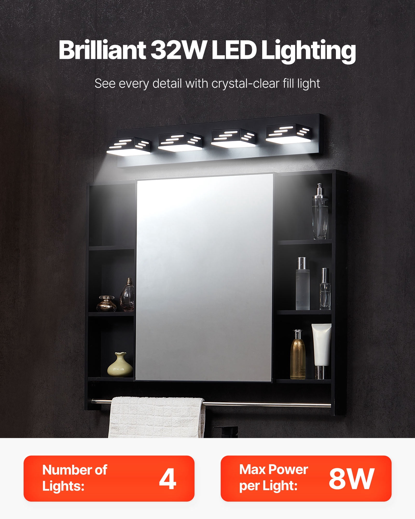 VEVOR 4-Light LED Modern Vanity Light Fixtures,25.59-Inch,Black Finish Bathroom Wall Lighting Fixture Over Mirror, with IP44 Waterproof, for Bathroom, Living Room, Bedroom, Hallway, Cool White 6000K