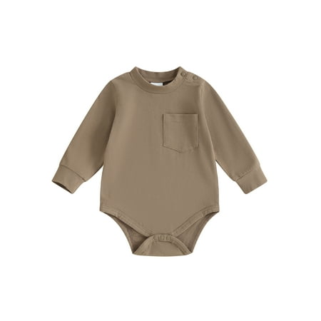 

Infant Baby Boy Girl Long Sleeve Romper Round Neck Solid Jumpsuit with Front Pocket Spring Fall Newborn Toddler Clothes
