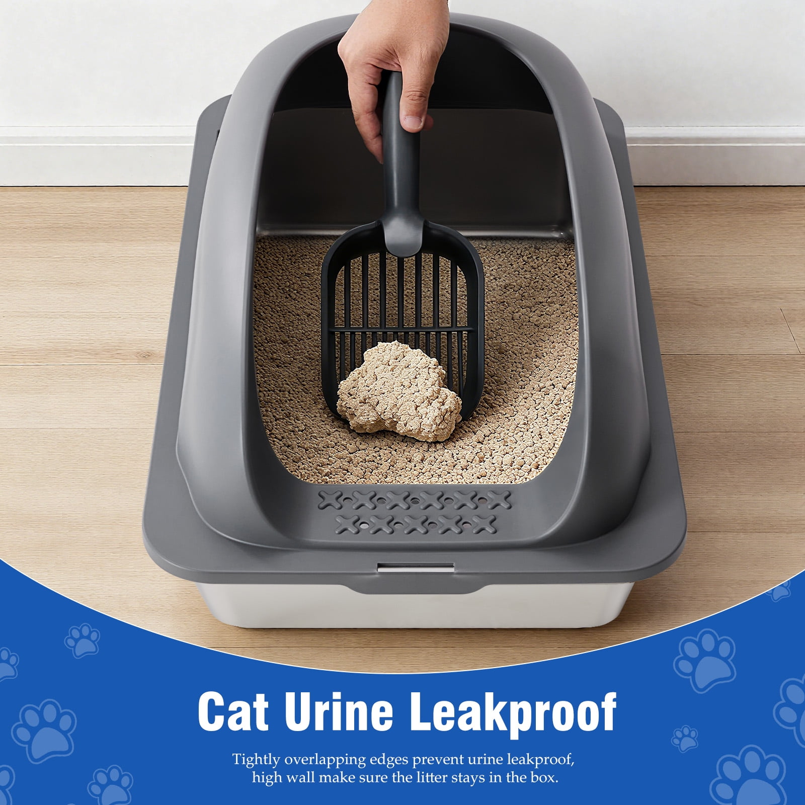 Gianna Extra Large Stainless Steel Cat Litter Box with Lid, High Wall Enclosure, Non-Stick and Leak-Proof Metal Tray, Easy to Clean, Dark gary