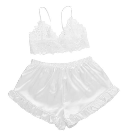 

Women s Satin Lace Sleepwear Cami Top and Shorts Pajama Set White M-XXL