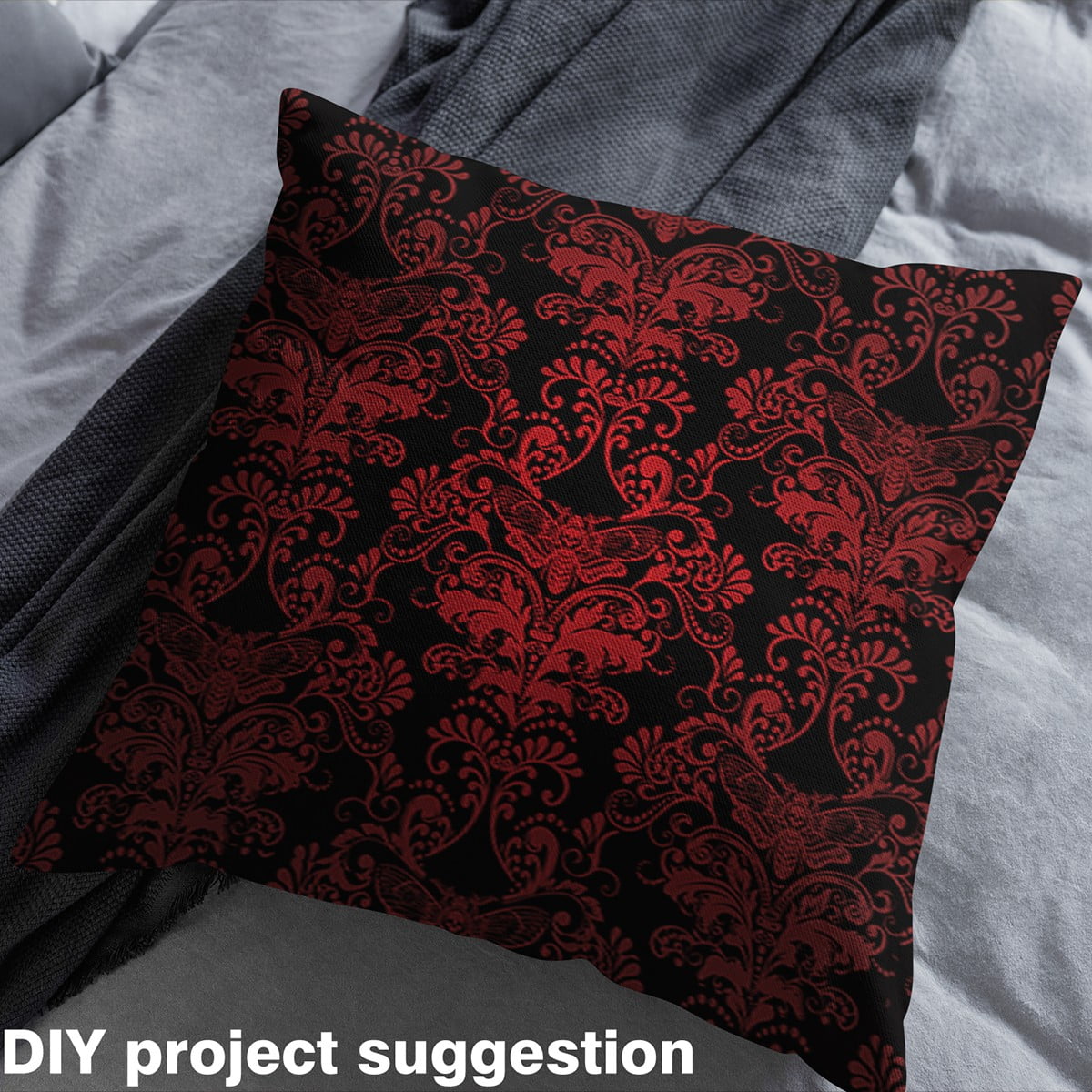 Gothic Spooky Damask Fabric By The Yard 5 Yards,Ombre Red Moth Upholstery Fabric,Gothic Vintage Floral Decorative Fabric,Oriental Antique Ornament Vintage Fabric Craft Patchwork Diy
