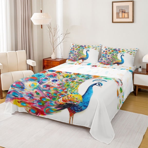 Manfei Watercolor Oil Painting Twin Sheet Sets,Kawaii Peacock Twin Fitted Sheet,Cute Zoo Animal Flat Sheet For Girl Teens,Ultra Soft Home Decor,3pcs