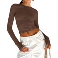 thumbnail image 2 of Camiseta Corta Ajustada para Mujer para Salir, Informal, de Color Liso, con Cuello Redondo y Larga Color Café M, 2 of 8
