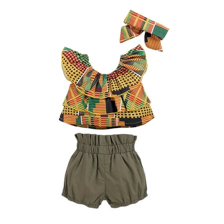 

SUNSIOM Kids Girls Pattern Print Ruffles Off Shoulder Tops+Bow Shorts+Headband