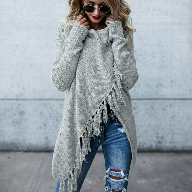 Chandail Ample pour Femmes à Rayures, Poncho d'Automne, Franges, Dégradé, Ourlet Châle, Franges