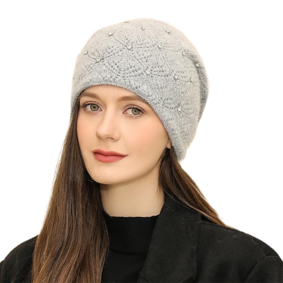 Opvise Women Fashion Winter Hat Slounchy Solid Color High Elasticity Ear Protection Knitted Warm Decorative Anti-shrink Casual Women Beanie Light Grey