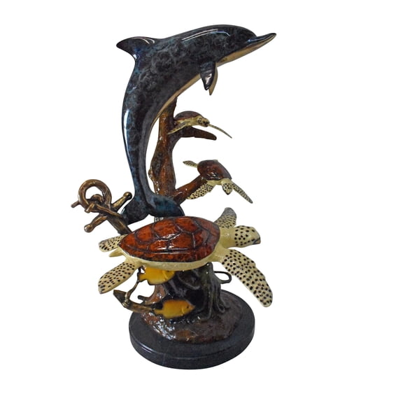 Nifao Dolphin with Three Turtles Outdoor Fountain Statue, Bronze Garden Water Feature Sculpture for Patio & Yard – Garden Outdoor Decor Sculpture, 23"L x 22"W x 35"H