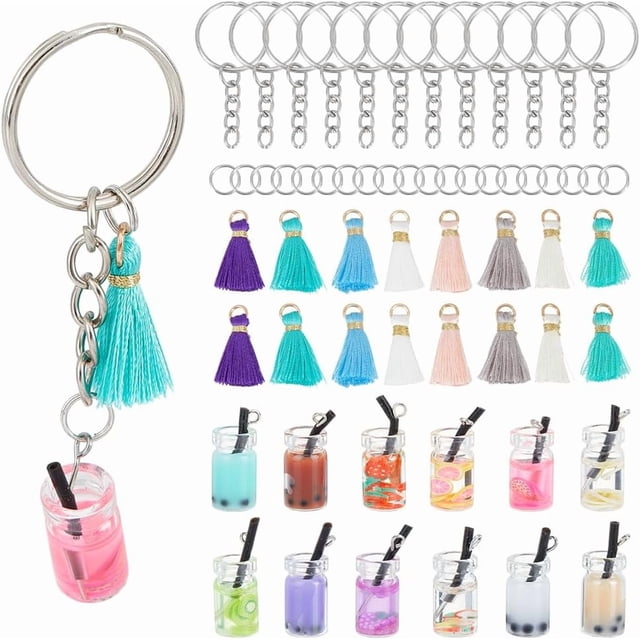 Kit de 60 llaveros de té, coloridos, para hacer llaveros, accesorios para llaveros de té con leche, dijes, colgantes de taza de leche con borlas, llaveros y anillos.