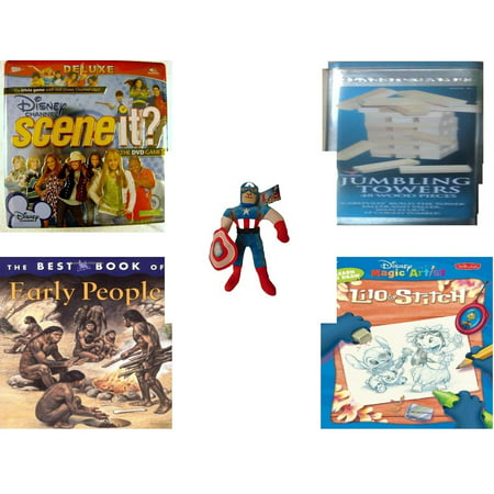Children's Gift Bundle [5 Piece] -  Disney Channel Scene It? Deluxe  in Tin - Solid Wood Jumbling Tower In A Tin  - Marvel Avengers Captain America  16
