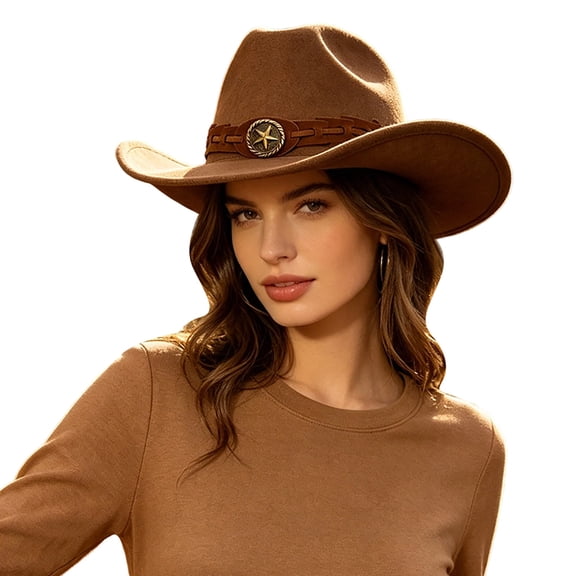 Western Cowboy Wide Brim Felt Hat, Unisex Vintage Star Band Fedora Hat Four Season Fashion Party Daily Outdoor Cowgirl Cowboy Hat(Coffee)