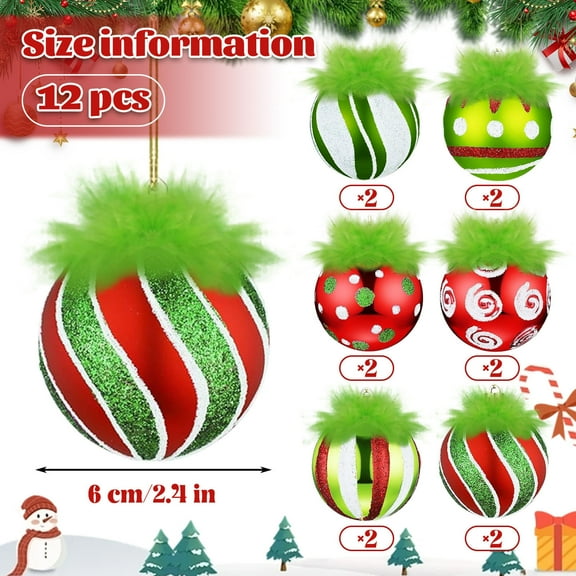 Virelaxpo Christmas Ball Ornaments Set with Fuzzy Hair,12-Piece 2.4-Inch Red Green Xmas Tree Decorations with Pre-attached Ropes for Home and Party Decor