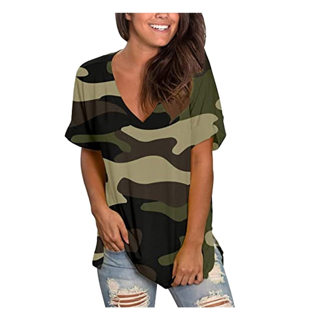 Gibobby Camiseta de manga corta para mujer Camiseta suelta informal con cuello en V para mujer, blusa manga corta con estampado(Camuflaje,M)