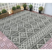 HR Indoor Outdoor Area Rugs 8x10 Trellis Pattern Gray Outdoor Carpet-Lasts Long Under Sunlight Bohemian Rugs-Grey Ivory