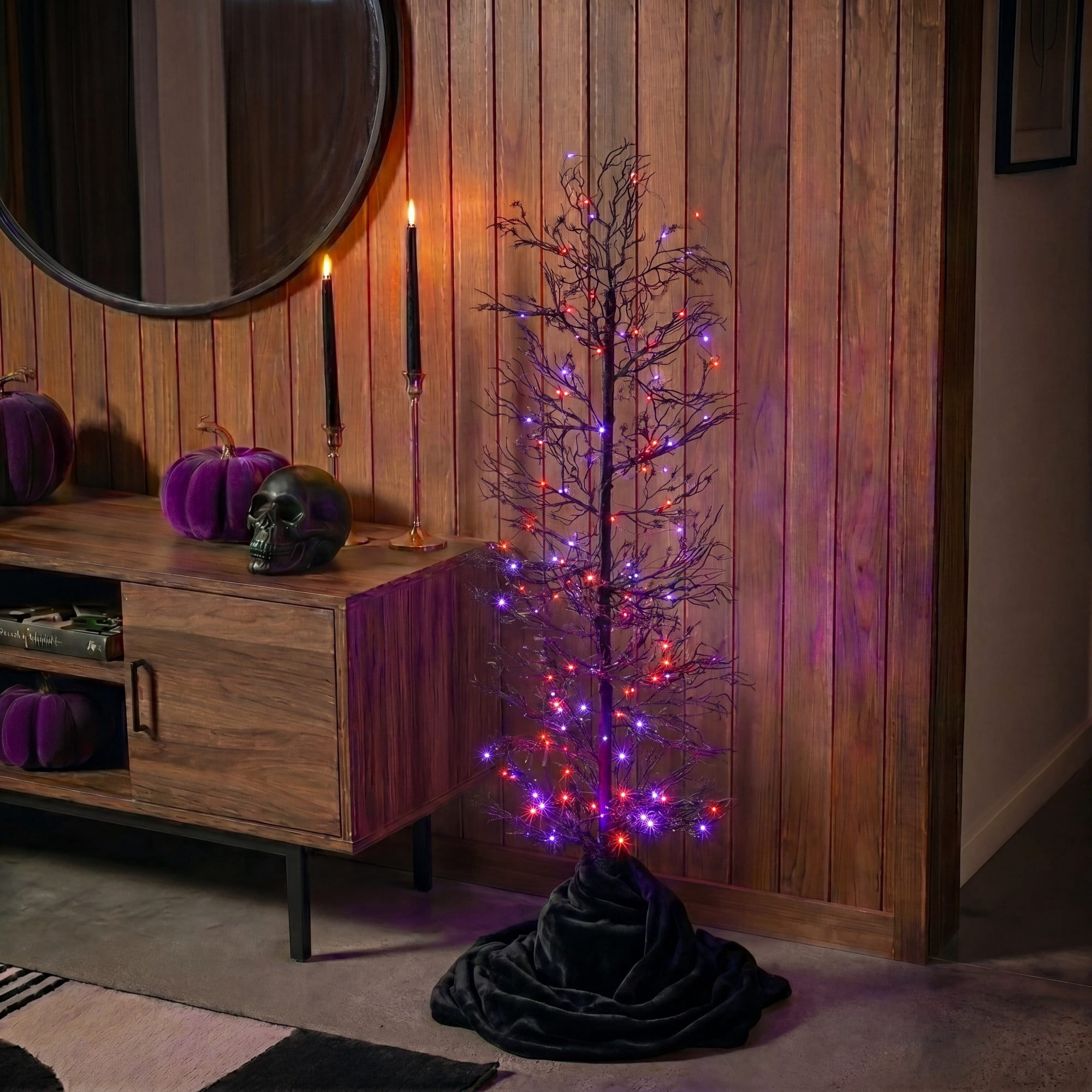 4ft. Pre-Lit Artificial Halloween Spider Twig Tree with 100 Orange & Purple LED Lights
