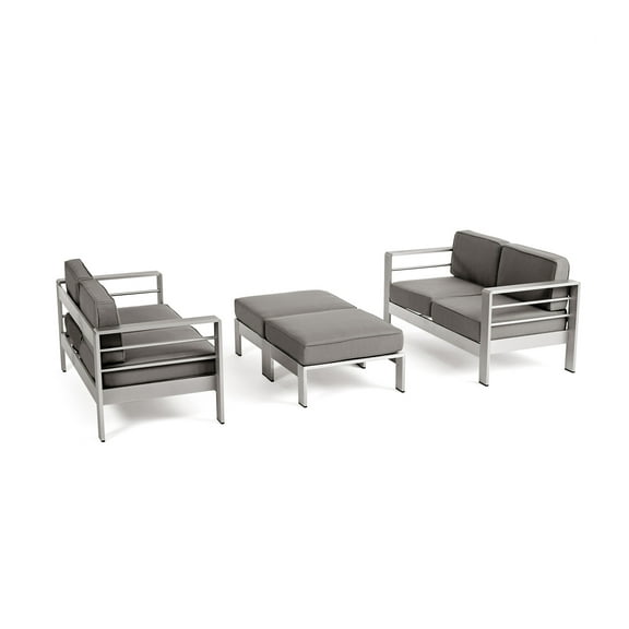 GDF Studio Crested Bay Outdoor Aluminum 4 Seater Chat Set with Ottomans, Silver and Khaki