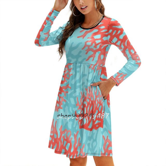 Robe Évasée Corail Col Carré Robe Élégante Mode Féminine Imprimée Motifs Océan Corail Récif Océan Mer Bleu