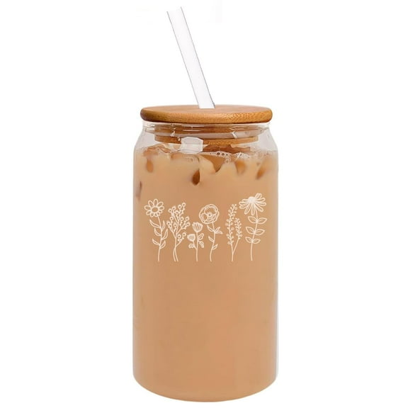 16oz Can Shaped Glass Iced Coffee Cup with Bamboo Lid and Straw Gift Wildflowers Wild Flowers