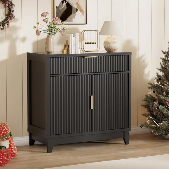 32" Fluted Sideboard Buffet Cabinet with Storage, Black | Modern Coffee Bar Console Table with Drawer, Fluted Doors & Adjustable Shelf, for Entryway, Living Room, Kitchen, Dining Room