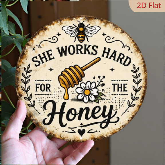8x8in 2D Flat Round Sign, She Works Hard for the Honey Vintage Plaque, Bee Honey Jar Inspirational Quote Farm-Themed Fun Art Decor Sign, Suitable for Deco