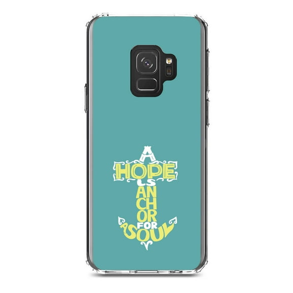 DistinctInk Clear Shockproof Hybrid Case for Samsung Galaxy S9 (5.8" Screen) - TPU Bumper, Acrylic Back, Tempered Glass Screen Protector - Hope is an Anchor for a Sould - Yellow Teal