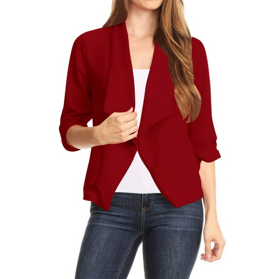 Women's Casual Office Wear Open Draped Front 3/4 Sleeves Basic Solid Blazer Jacket S-3XL