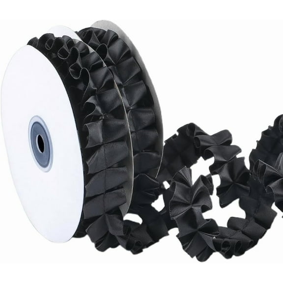 10Yards Black Satin Ruffle Trim Pleated Lace Fabric Ribbon Vintage Double Sided Gathered Ribbons