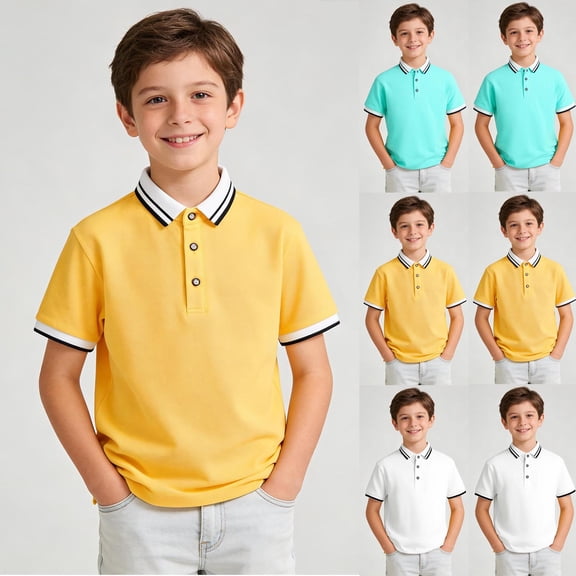 NAISIBABY Boys Polo Shirt (4-14T), Button Collared Short Sleeve Cotton Soft School Uniform Pique Shirt Yellow 7T