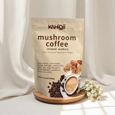 KAHIDJI Mushroom Coffee with Grass-Fed Collagen & French Vanilla Flavor – Instant Coffee with 10 Superfood Adaptogen Mushrooms, 180 g