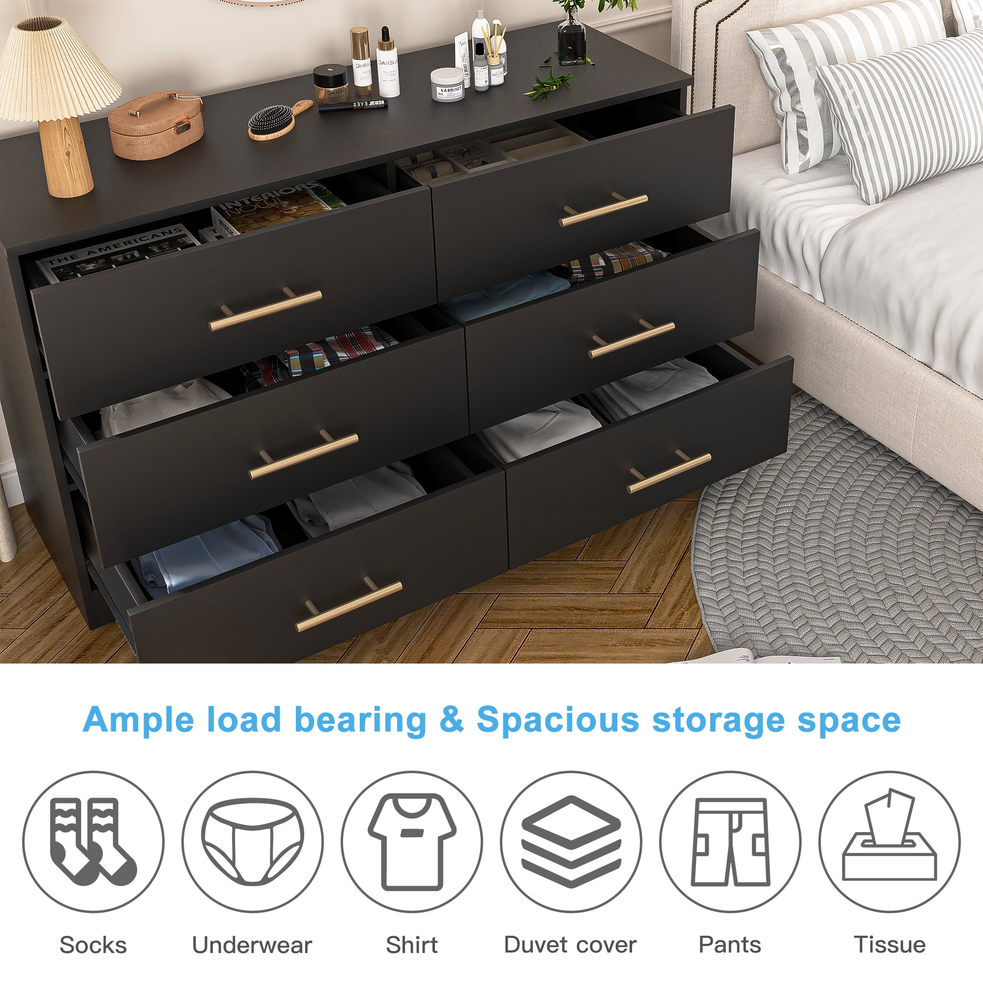 YYAo Wooden 6 Drawer Dresser, Large Modern Chest of 6 Drawers Night Table, TV Stand for 55" TV for Bedroom, Closet, Living Room, Black YYAo Wooden 6 Drawer Dresser, Large Modern Chest of 6 Drawers Night Table, TV Stand for 55" TV for Bedroom, Closet, Living Room, Black