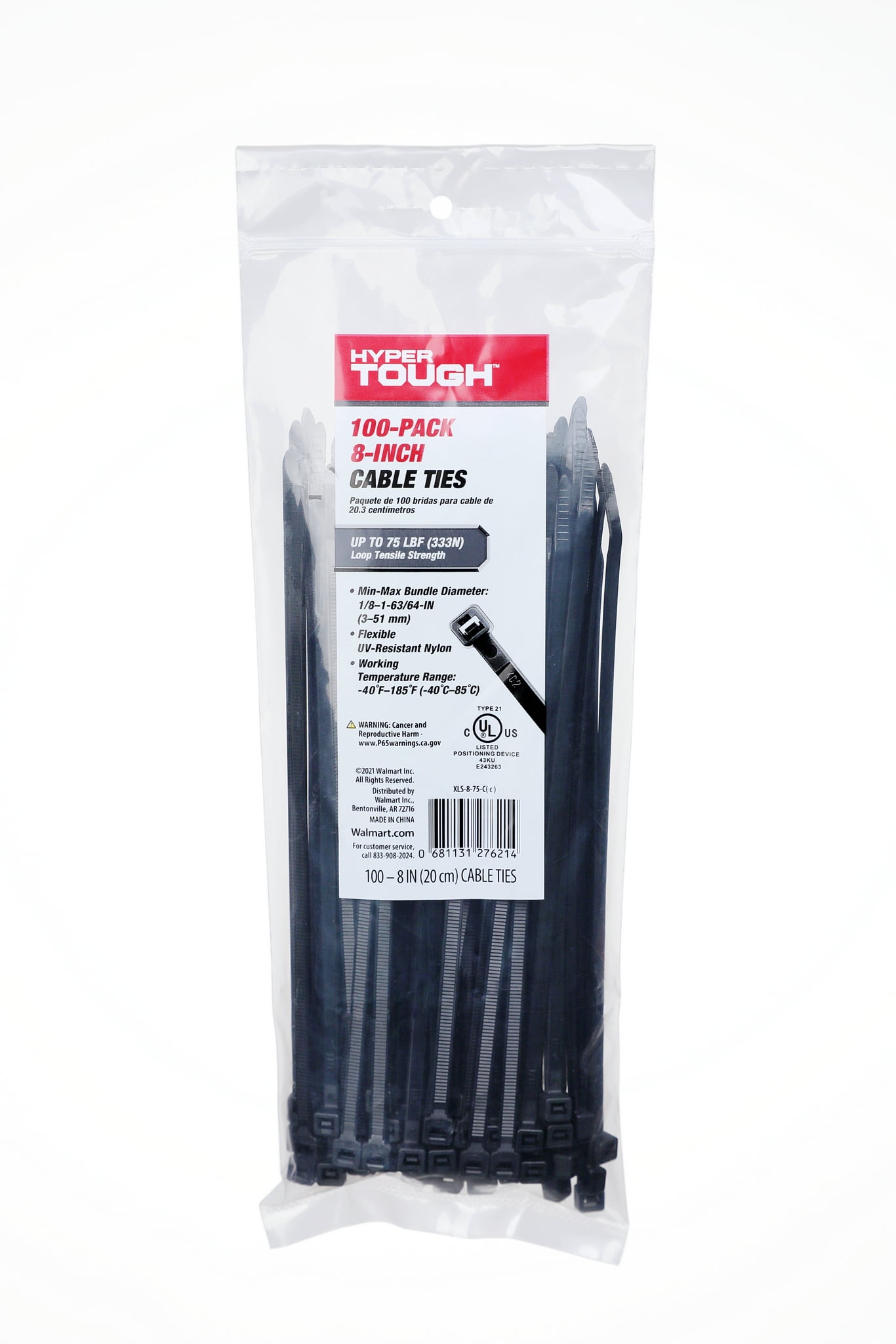 Hyper Tough 8 inch Cable Ties Black 75lb Tensile Strength 100 Pack