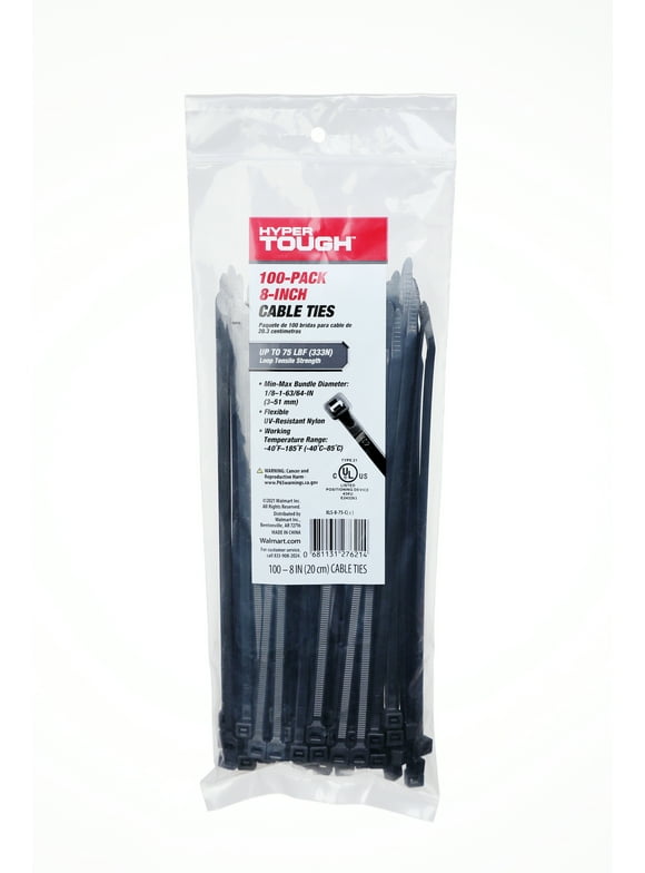 Hyper Tough 8 inch 75lb Cable Ties UV Resistant Black 100 Count