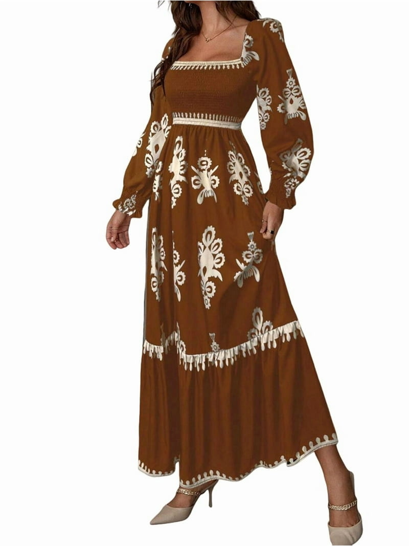 brown floral wedding guest dress Mac Duggal - Blue Floral Strapless Ruffle Midi Dress