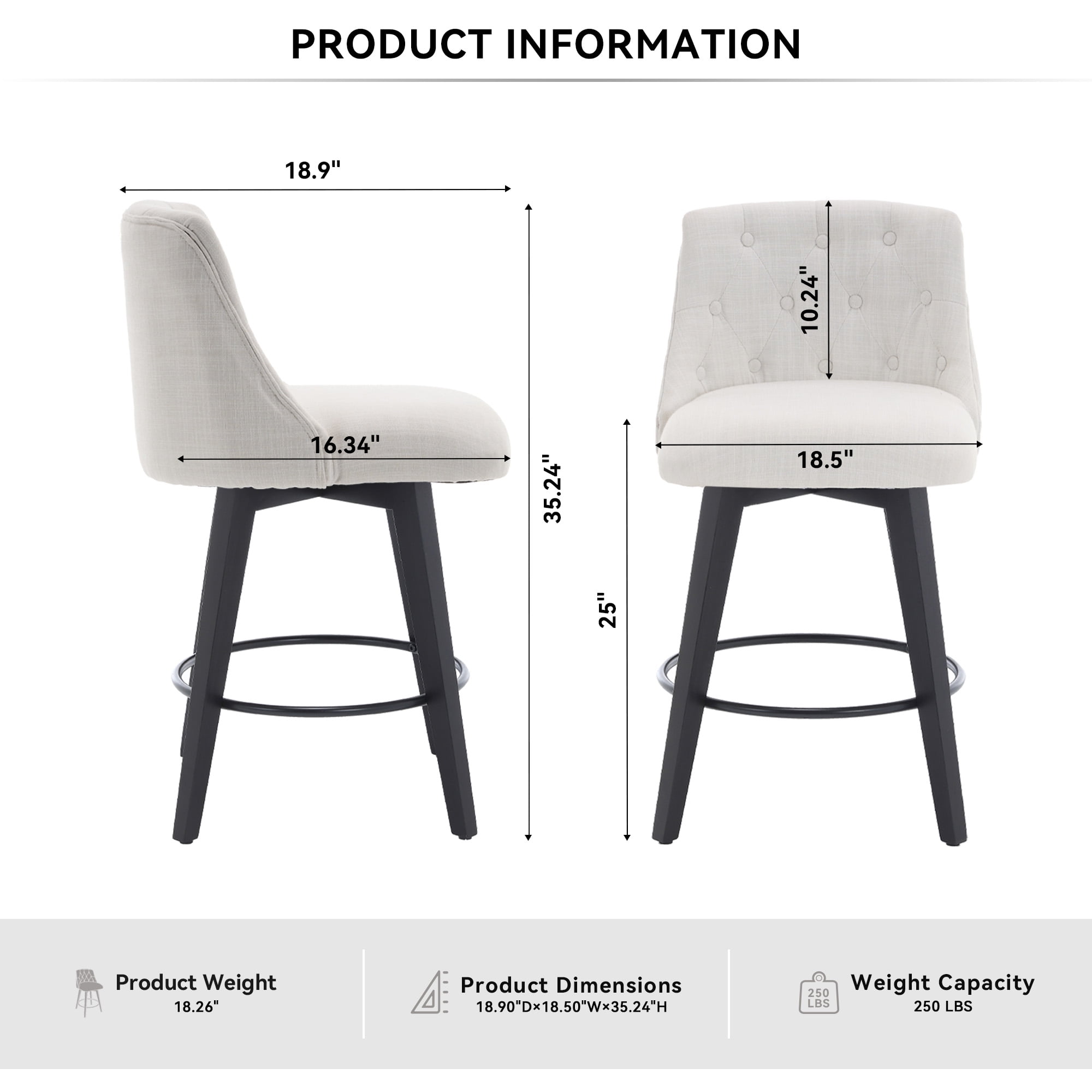 360 Degree Swivel Bar Stools Set of 2 Counter Height with Stain Resistant Linen and Button Tufted Back Solid Wood Frame in White